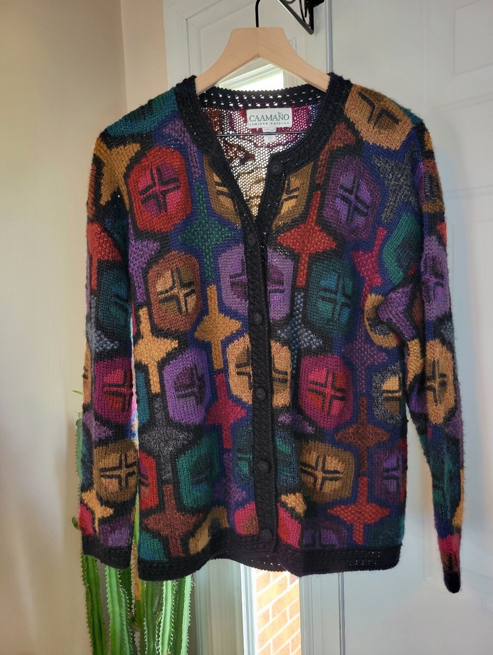 Caamano Peru 100% Alpaca Wool Colorful Gemetric Cardigan Sweater, Size Womens M